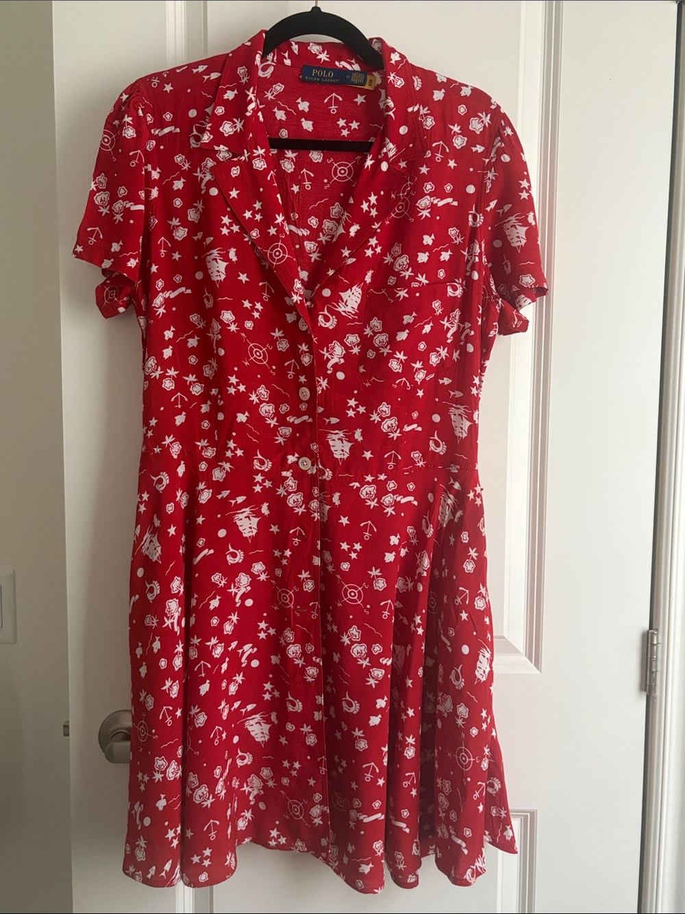 Polo by Ralph Lauren Red Short-Sleeve Button Mini Dress with White Motif